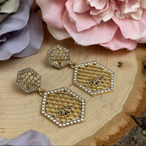 Gold Crystal Honeycomb Earrings with Bumblebee - Picture 8 of 16